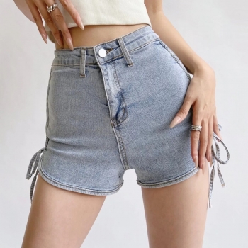 summer 3 colors slight stretch high waist pocket button zip-up drawstring stylish all-match denim shorts