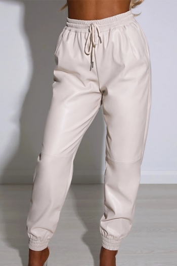 autumn & winter new two colors pu fabric slight stretch drawstring pocket stylish leather pants