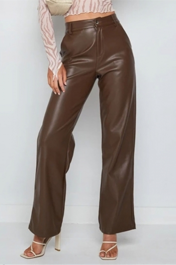 autumn & winter new 3 colors pu fabric slight stretch high waist pocket button zip-up straight stylish all-match leather pants