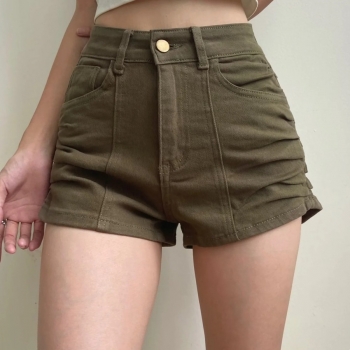 summer three colors slight stretch high waist pocket button zip-up shirring stylish all-match denim shorts(98%cotton + 2%spandex)