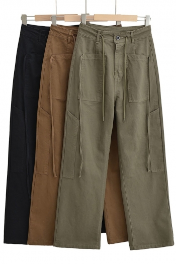 autumn & winter new three colors non-stretch high waist drawstring pocket button zip-up straight stylish high quality all-match cargo pants