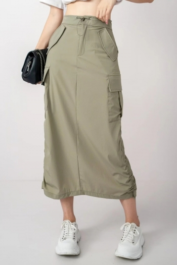 autumn new 4 color slight stretch high waist drawstring button zip-up pocket stylish all-match cargo midi skirt
