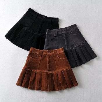 autumn new 3 colors corduroy slight stretch pleated pocket button zip-up stylish all-match mini skirt(with lined)