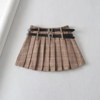 autumn new plaid printing non-stretch side zip-up with belt stylish pleated mini skirt(with lining)