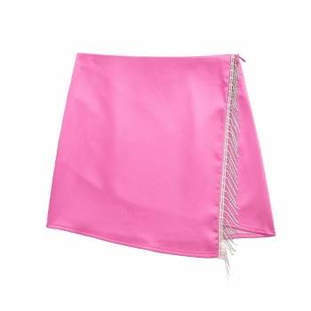 xs-l summer solid color slight stretch high waist rhinestone chain tassel decor zip-up side stylish all-match mini skirt