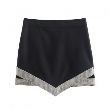 xs-l early autumn new non-stretch rhinestone side zip-up irregular stylish mini skirt