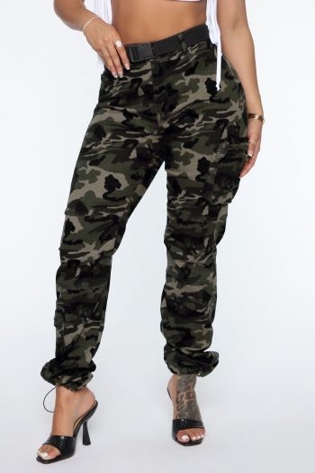 plus-size inelastic pocket zip-up cargo camouflage jeans(no belt)