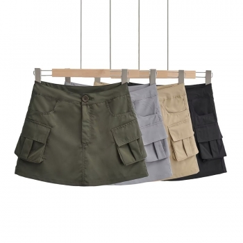 four colors slight stretch high waist stylish cargo mini skirt(with lined)