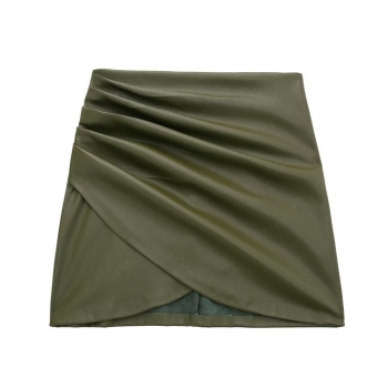 xs-l pu fabric slight stretch shirring zip-up stylish faux leather mini skirt