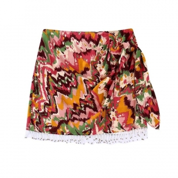 xs-l non-stretch batch printing lace-up beaded tassel stylish mini skirt