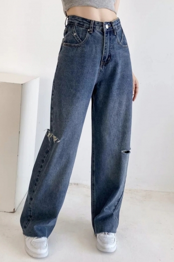 non-stretch high waist pocket button zip-up ripped straight stylish jeans