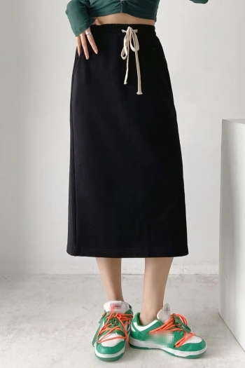 Two colors slight stretch high waist drawstring pocket casual midi skirt