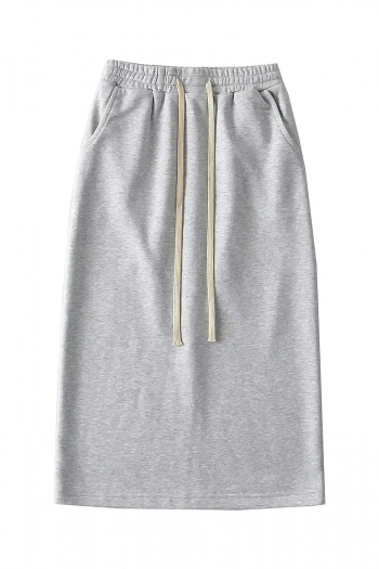 Two colors slight stretch high waist drawstring pocket casual midi skirt