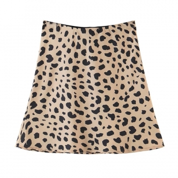 Leopard satin non-stretch high waist stylish all-match mini skirt