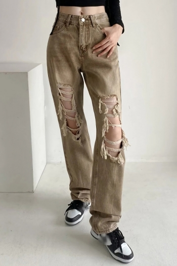 non-stretch high waist pocket button zip-up ripped stylish retro straight jeans