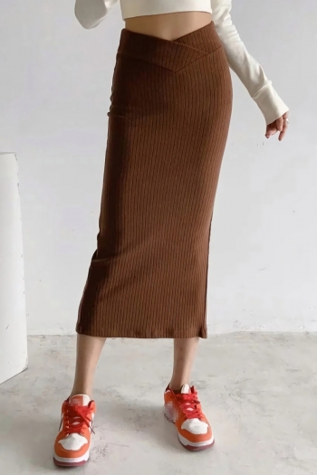 three colors knitted slight stretch v-waist split stylish all-match midi skirt