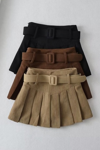 three colors corduroy non-stretch with belt stylish mini skirt(with lined)