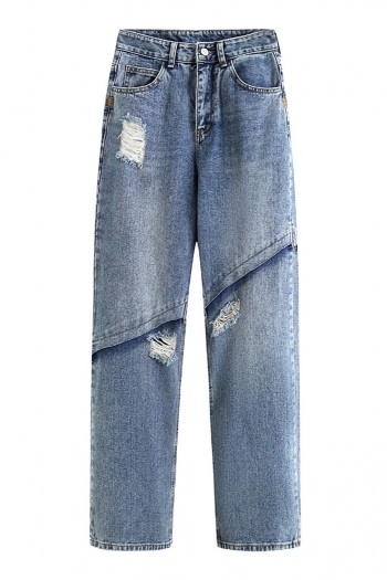 Slight stretch high waist straight stylish ripped high quality jeans