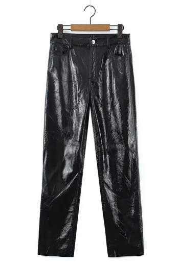 Xs-l slight stretch glossy textured pu leather high waist straight stylish pants