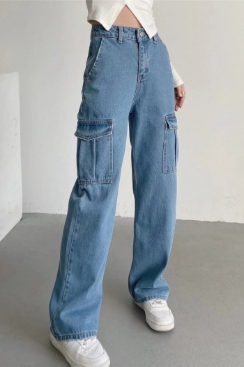 Non-stretch high waist pocket straight stylish cargo jeans