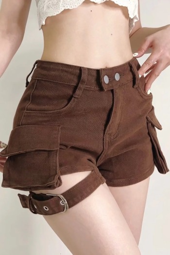 slight stretch 3 colors high waist metallic buckle stylish cargo denim shorts
