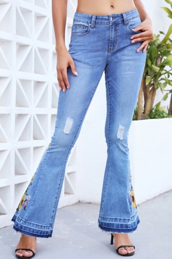 s-4xl plus size slight stretch embroidery zip-up hole fashion flared jeans