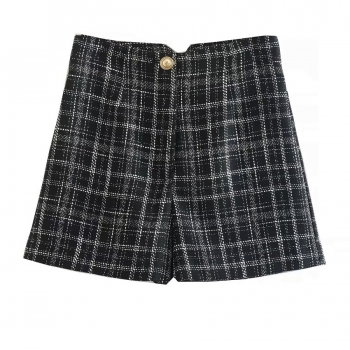 xs-l non-stretch plaid printing button zip-up high waist stylish shorts