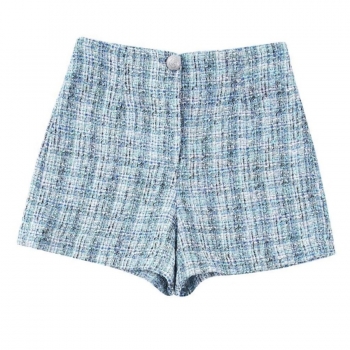 xs-l non-stretch plaid printing button zip-up slim high waist stylish shorts