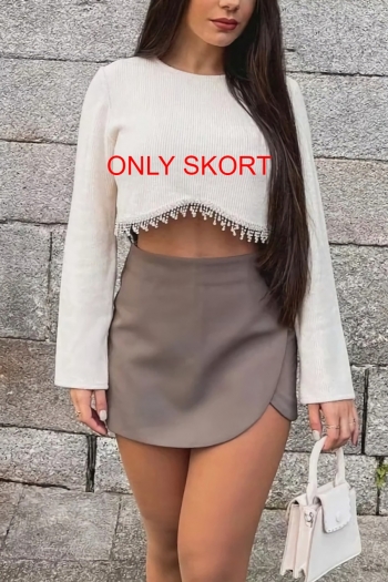 non-stretch solid color 3-colors zip-up high waist stylish casual skort