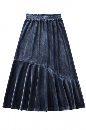 slight stretch simple solid color 4-colors velvet high waist retro midi skirt