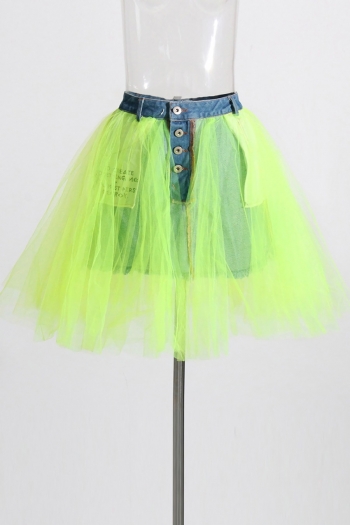 non-stretch 3 colors mesh and denim stitching high waist stylish mini skirt