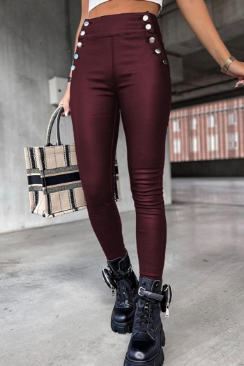 slight stretch 3 colors pu leather high waist button stylish tight pants