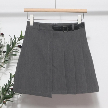 non-stretch simple solid color zip-up pleated high waist stylish skirt