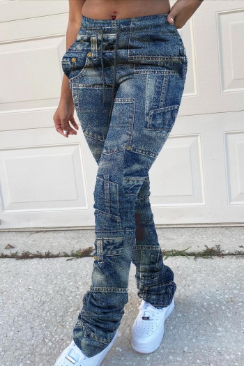 plus size slight stretch denim printing drawstring casual pants(fa003267)