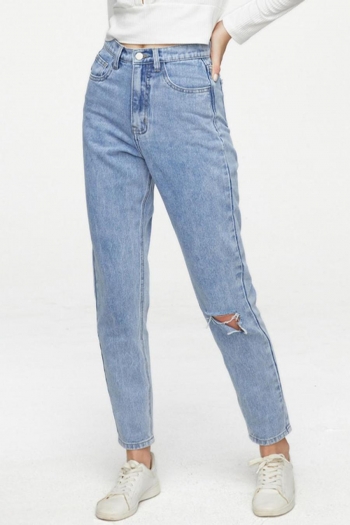 slight stretch denim high-waist hole casual jeans