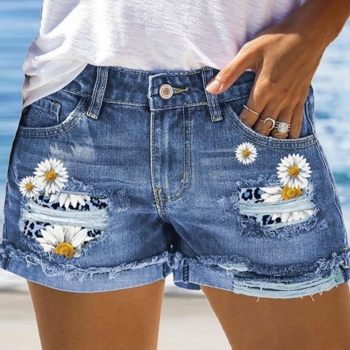 plus size non stretch denim floral printing spliced tied distress street shorts