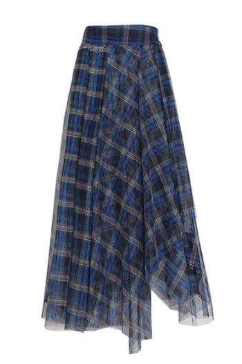 non-stretch plaid mesh stitching double-layer high waist stylish midi skirt