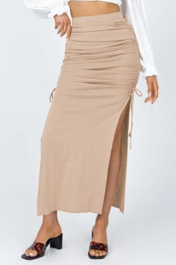 slight stretch 6 colors slit drawstring stylish all-match maxi skirt