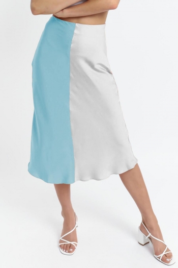 two colors colorblock slight stretch satin high waist zip-up stylish midi skirt