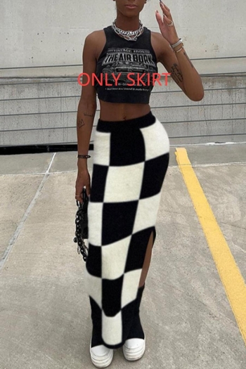 checkerboard printing stretch knitted slit stylish maxi skirt