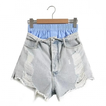 non-stretch single-breasted ripped stylish fake two piece denim shorts
