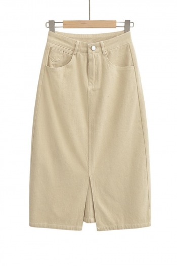 five colors non-stretch zip-up pocket high waist slit stylish denim midi skirt