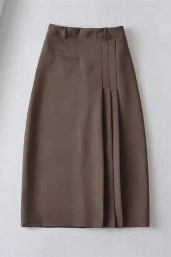 three colors non-stretch zip-up high waist stylish suit midi skirt