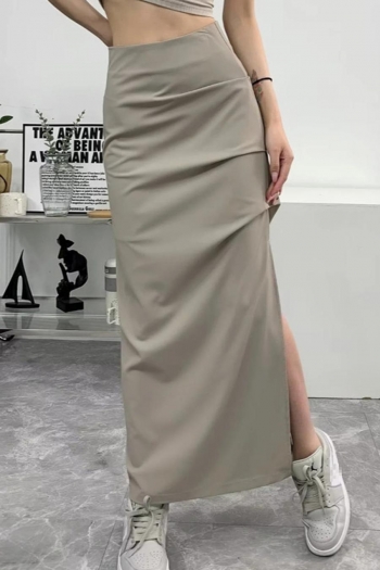 non-stretch solid zip-up slit high waist pleated stylish maxi skirt(with lined)