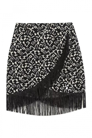 xs-l non-stretch batch printing tassel zip-up high waist stylish mini skirt