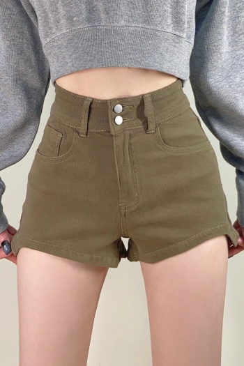 slight stretch solid color high waist button pocket zip-up stylish denim shorts