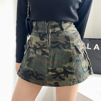xs-xl slight stretch camo printing zip-up pocket high-waist stylish mini skirt