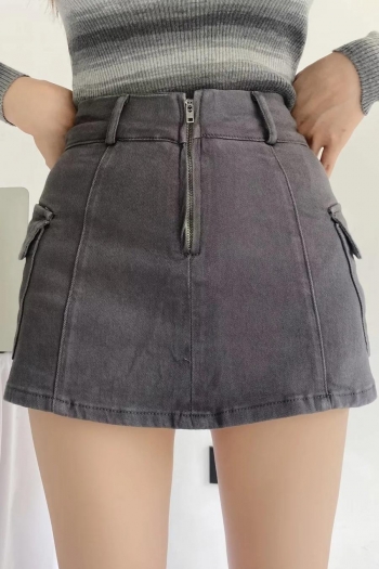 xs-xl slight stretch solid color zip-up pocket high-waist stylish mini skirt