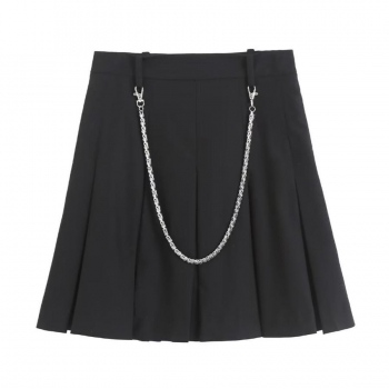 xs-l non-stretch solid color zip-up chain decor pleated all-match mini skirt