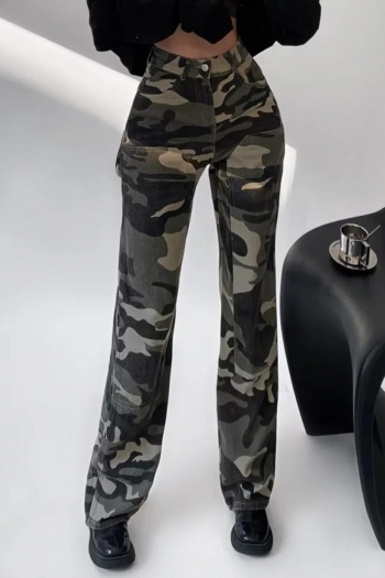 non-stretch camo printing high waist stylish high street cargo denim pants